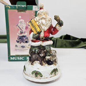 Vtg Christmas Porcelain Papa Noel Rotating Music Box "Here comes Santa Claus"